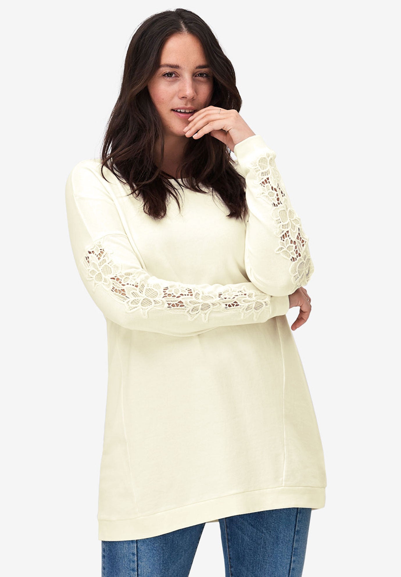 French Terry Lace Trim Sweatshirt Tunic image number 0