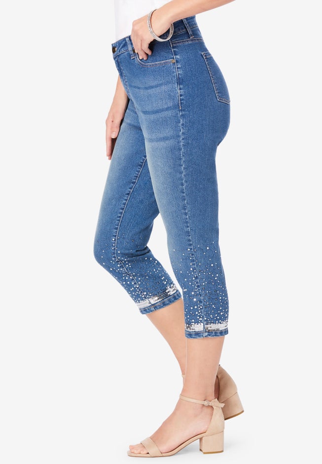 Plus Size Sequin Trim Straight Leg Capri Jean image number 2