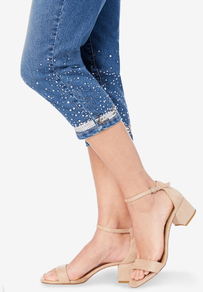 Plus Size Sequin Trim Straight Leg Capri Jean image number 3