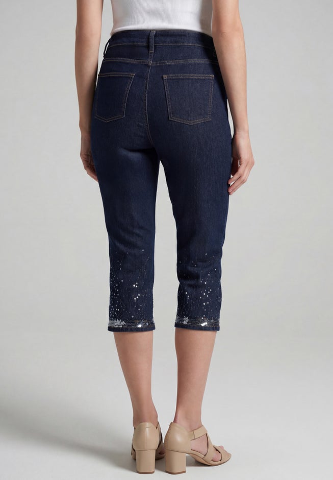 Plus Size Sequin Trim Straight Leg Capri Jean image number 1