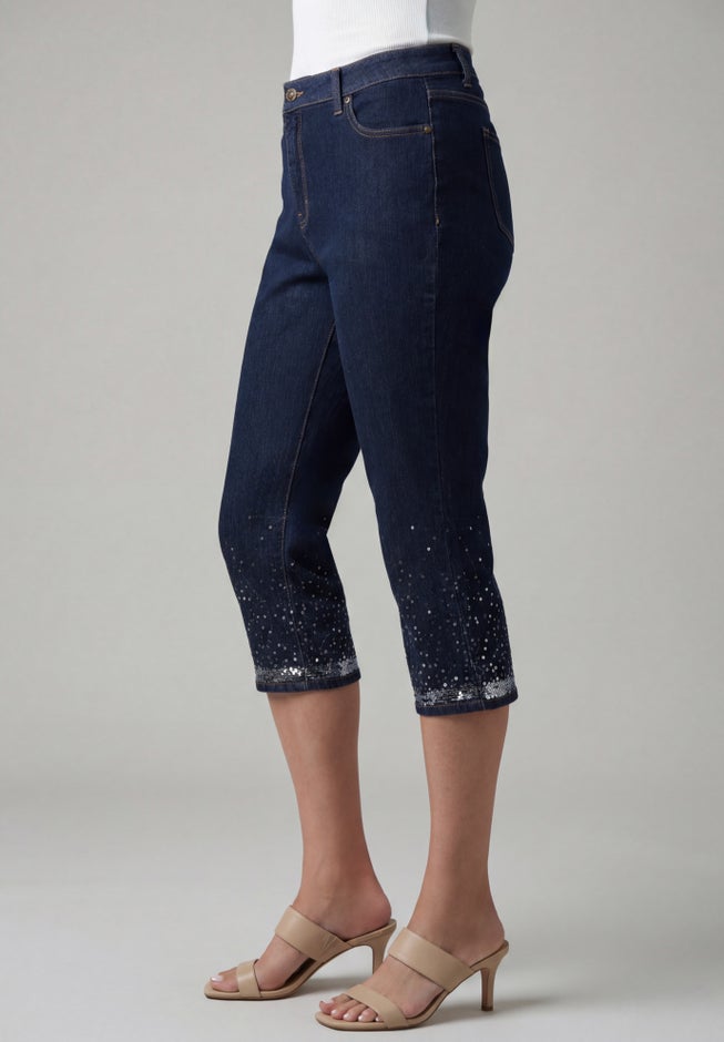 Plus Size Sequin Trim Straight Leg Capri Jean image number 2
