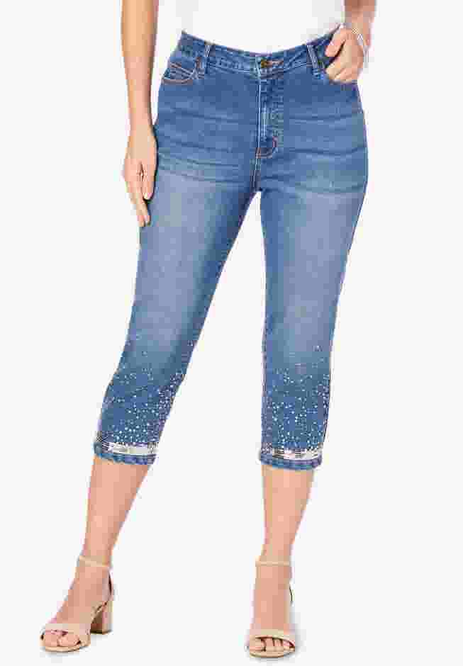 Sequin Trim Straight Leg Capri Jean image number 0