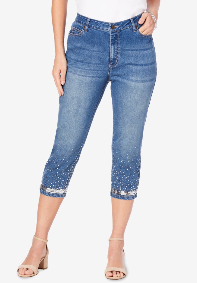 Plus Size Sequin Trim Straight Leg Capri Jean image number 0