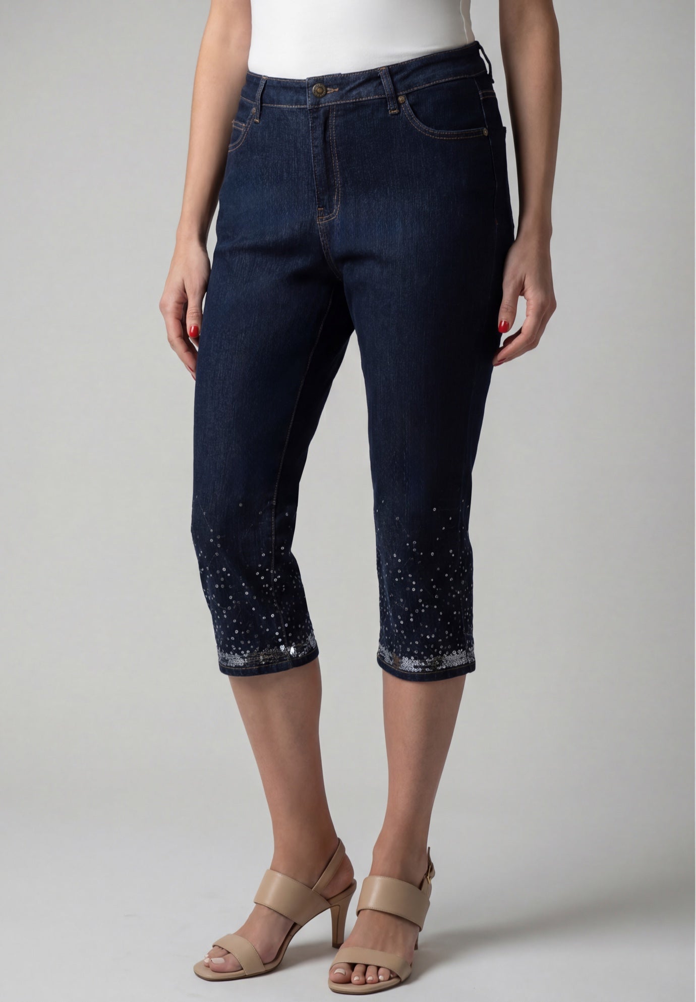 Plus Size Sequin Trim Straight Leg Capri Jean image number 0