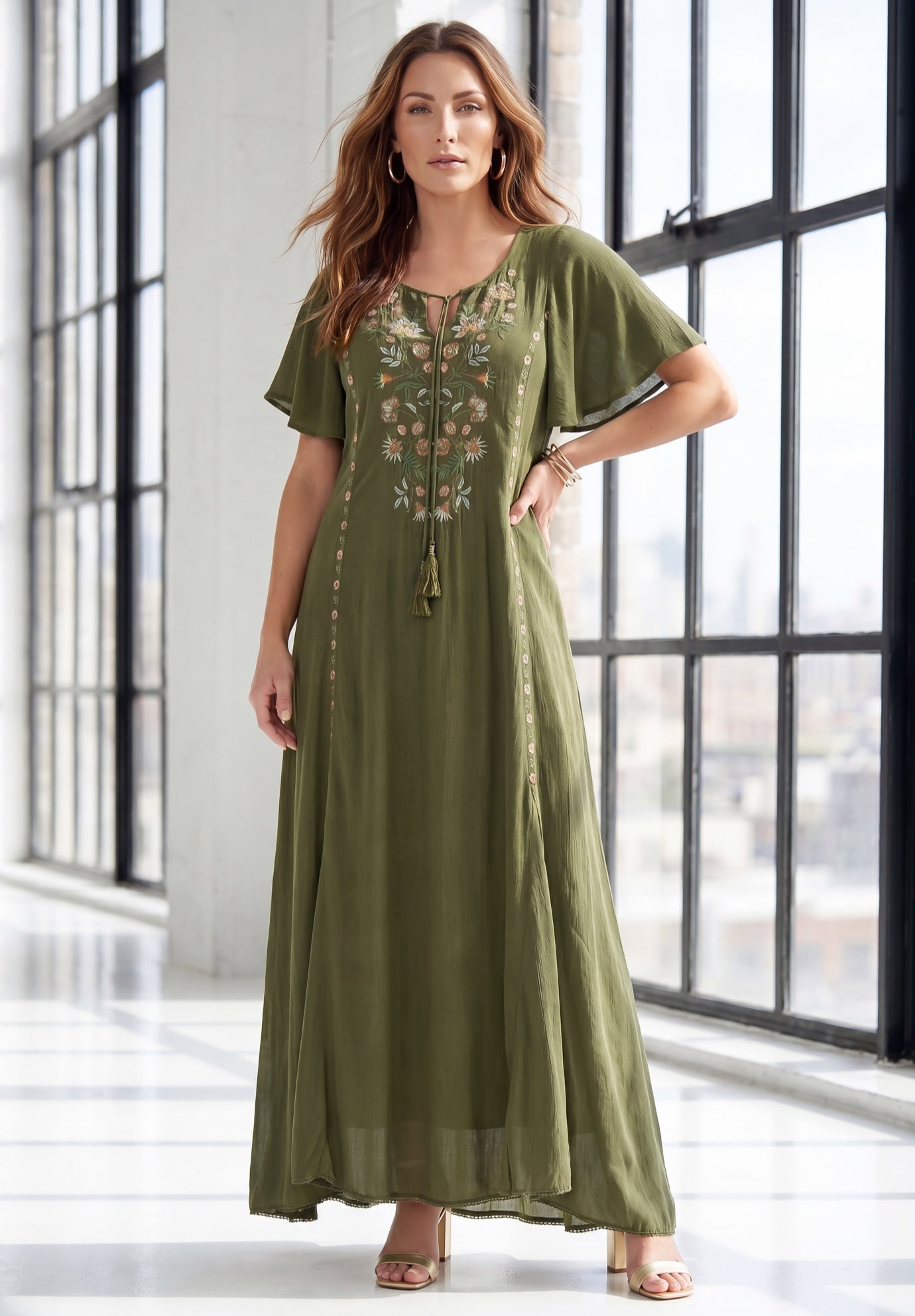 Plus Size Flutter Sleeve Hand Crinkled Maxi Dress &ndash; Curvy A-Line image number 0