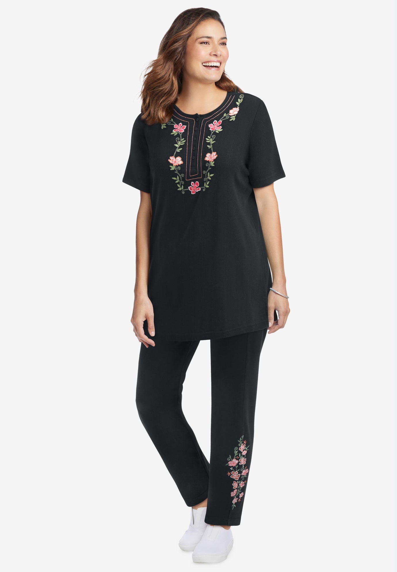 7-Day Knit Embroidered Straight-Leg Pull-On Pants image number 0