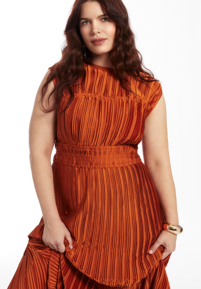 Boatneck Plisse Cap-Sleeve Maxi Dress image number 1