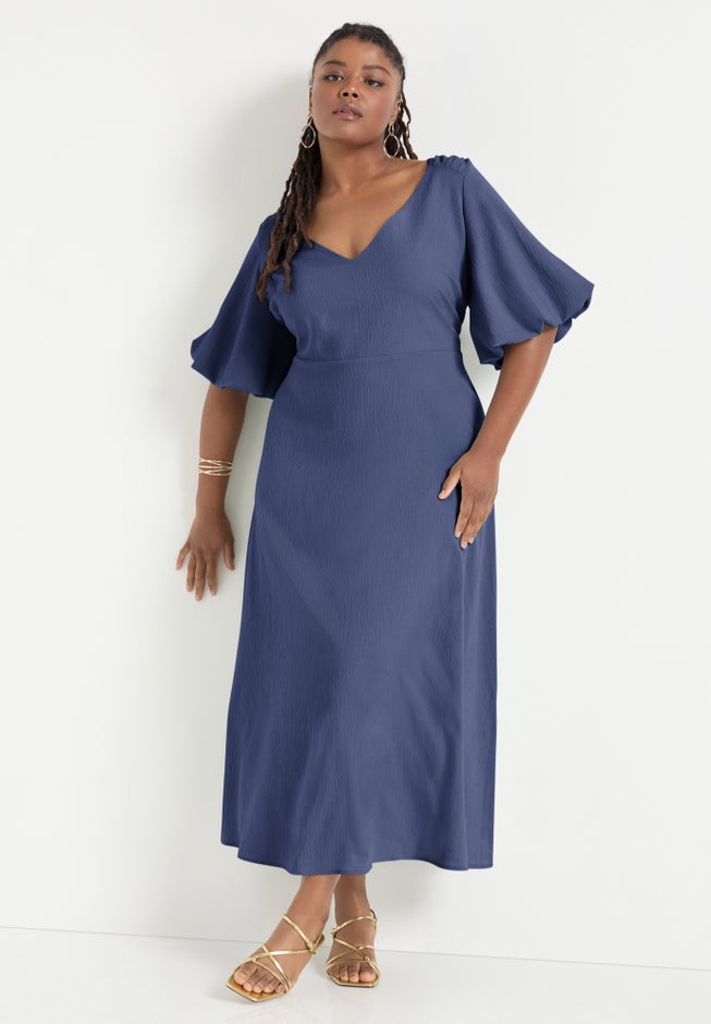 June + Vie Women's Plus Size Puff-Sleeve Babydoll Maxi Dress - Gray Blue June + Vie Women's Plus Size Puff-Sleeve Babydoll Maxi Dress - Gray Blue