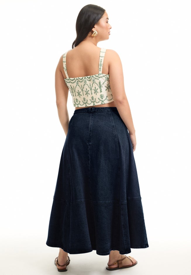 Fit-And-Flare Denim Midi Skirt image number 2