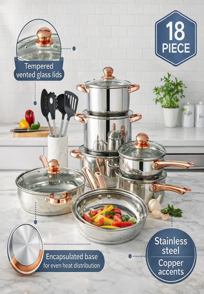 18-Piece Copper Accent Stainless Steel Cookware Set image number 1
