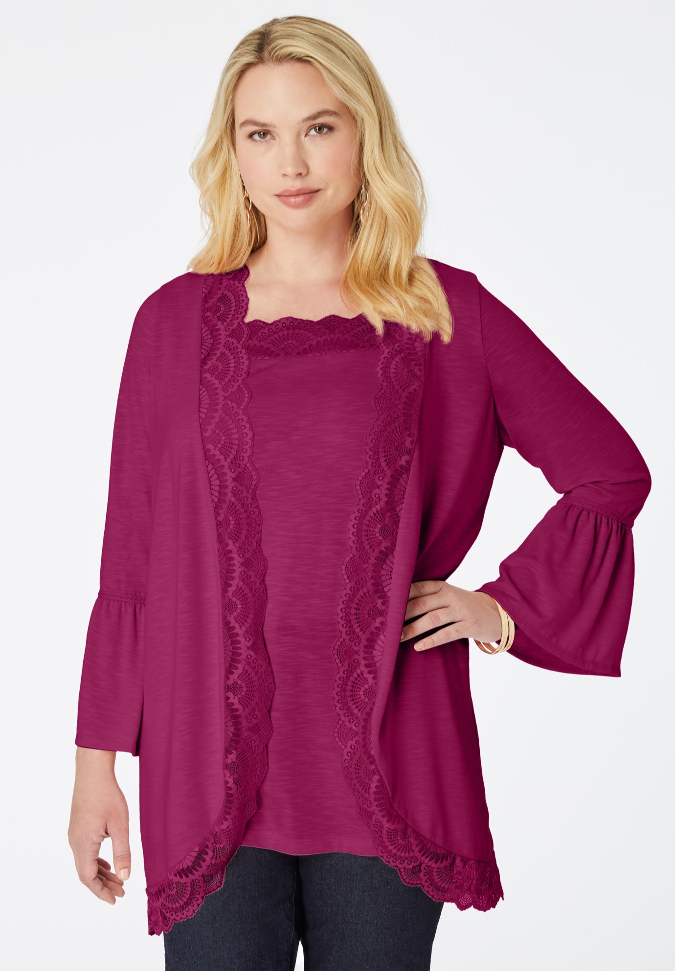 Lace-Detailed Cardigan and Tank Set image number 0