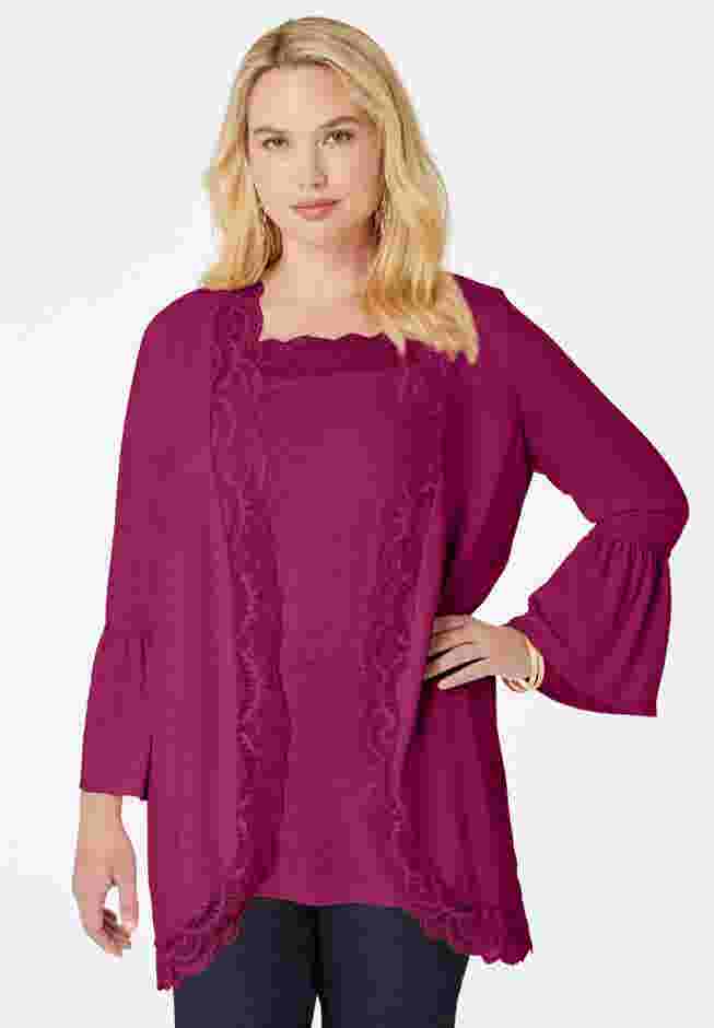 Lace-Detailed Cardigan and Tank Set image number 0