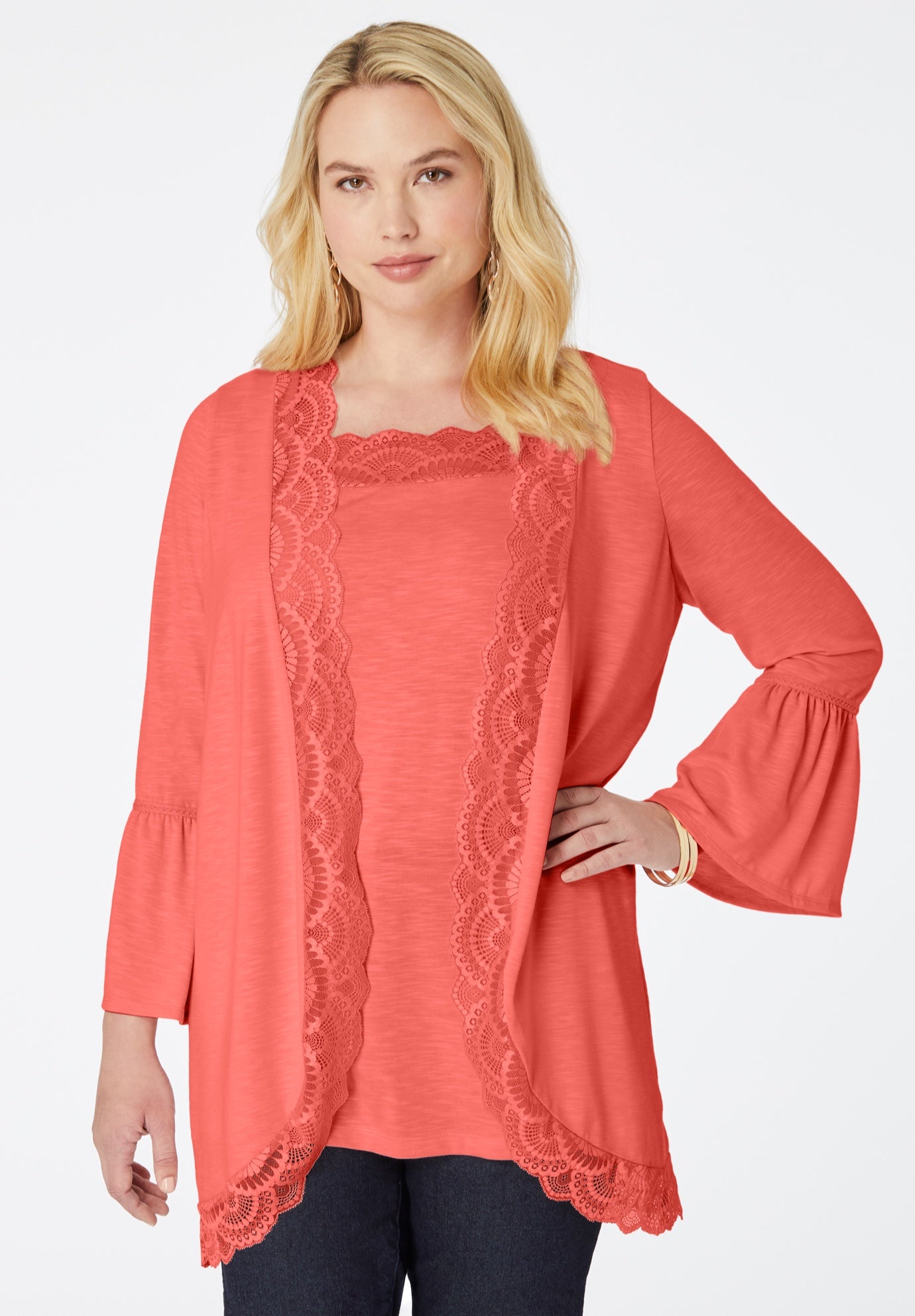 Lace-Detailed Cardigan and Tank Set image number 0