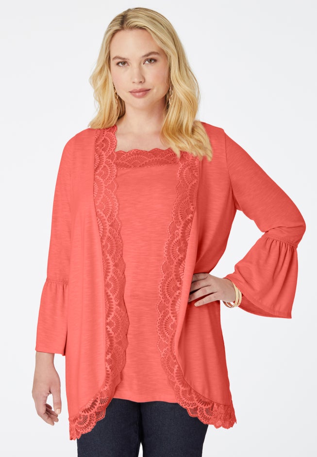 Lace-Detailed Cardigan and Tank Set image number 0