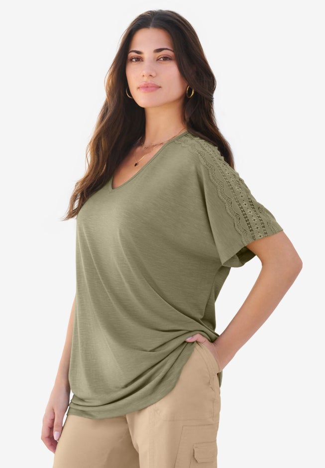 Lace Trimmed Textured Tee image number 0