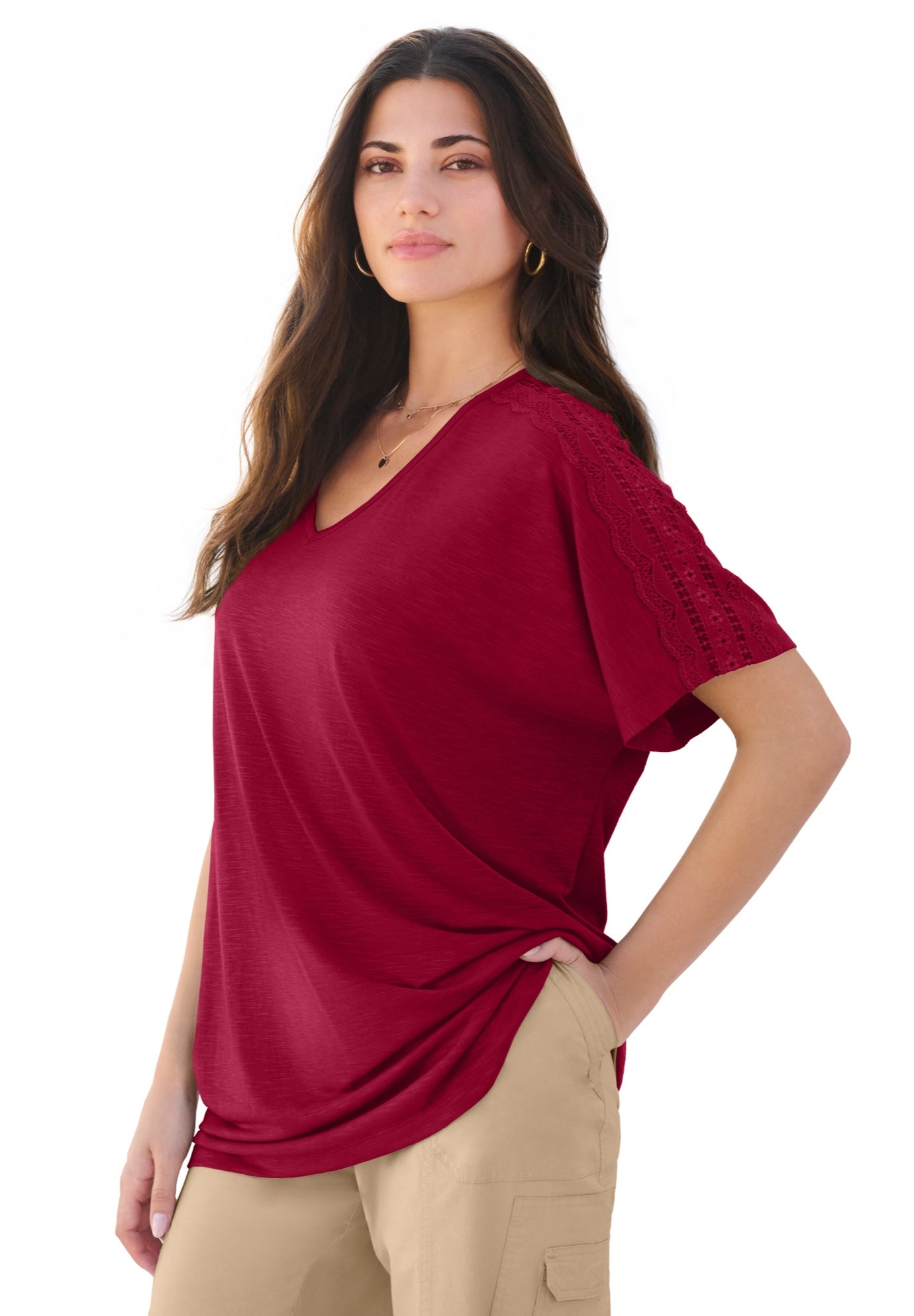 Plus Size Lace Trimmed Textured Tee image number 0