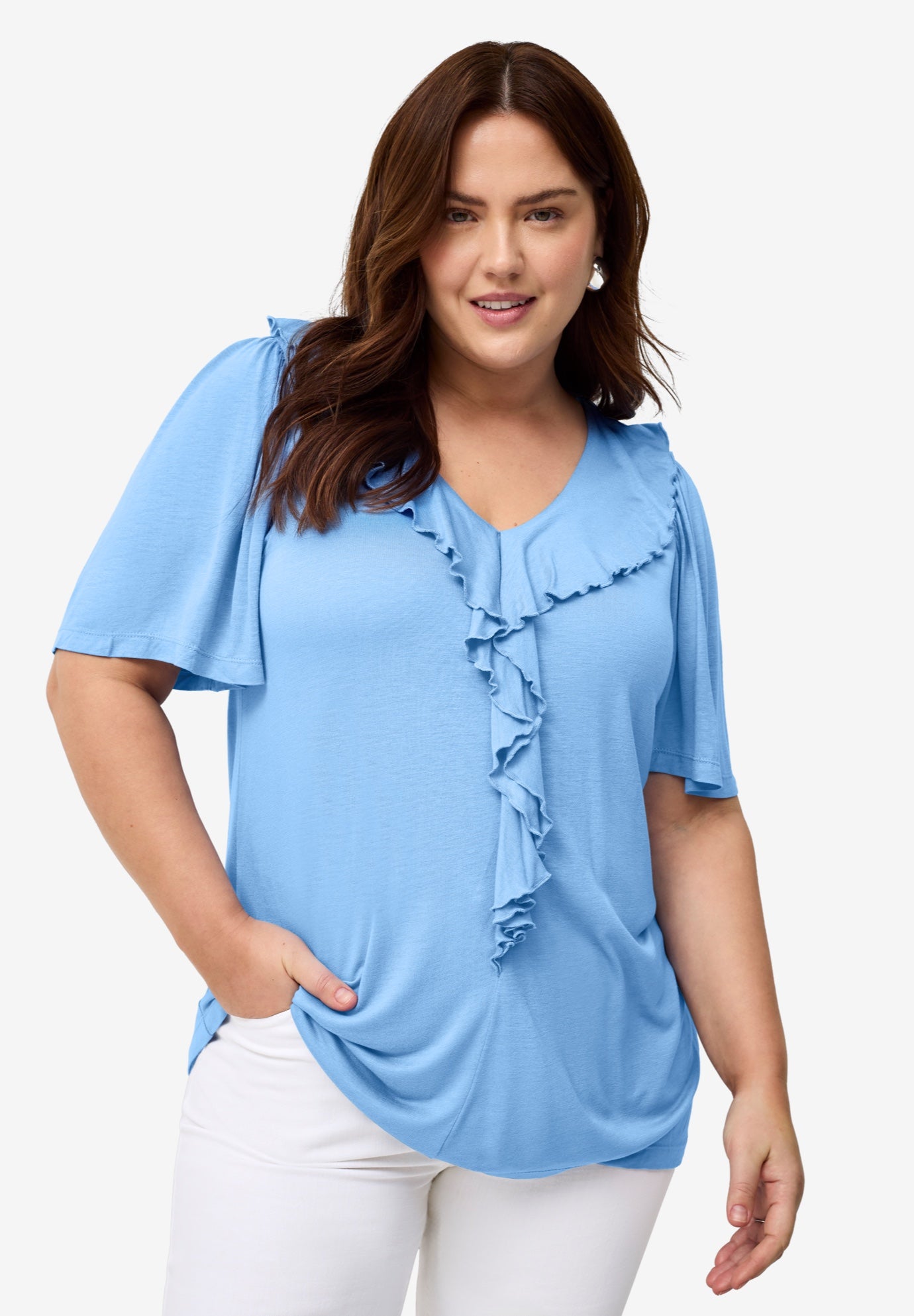 Ruffle Neckline Flutter Sleeve Tunic image number 0