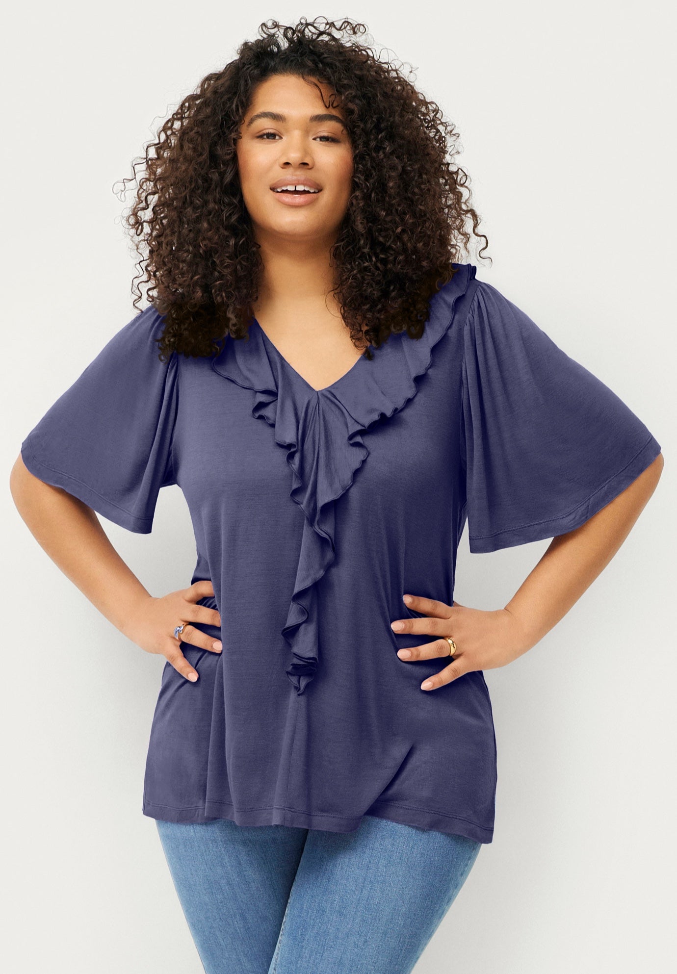 Ruffle Neckline Flutter Sleeve Tunic image number 0