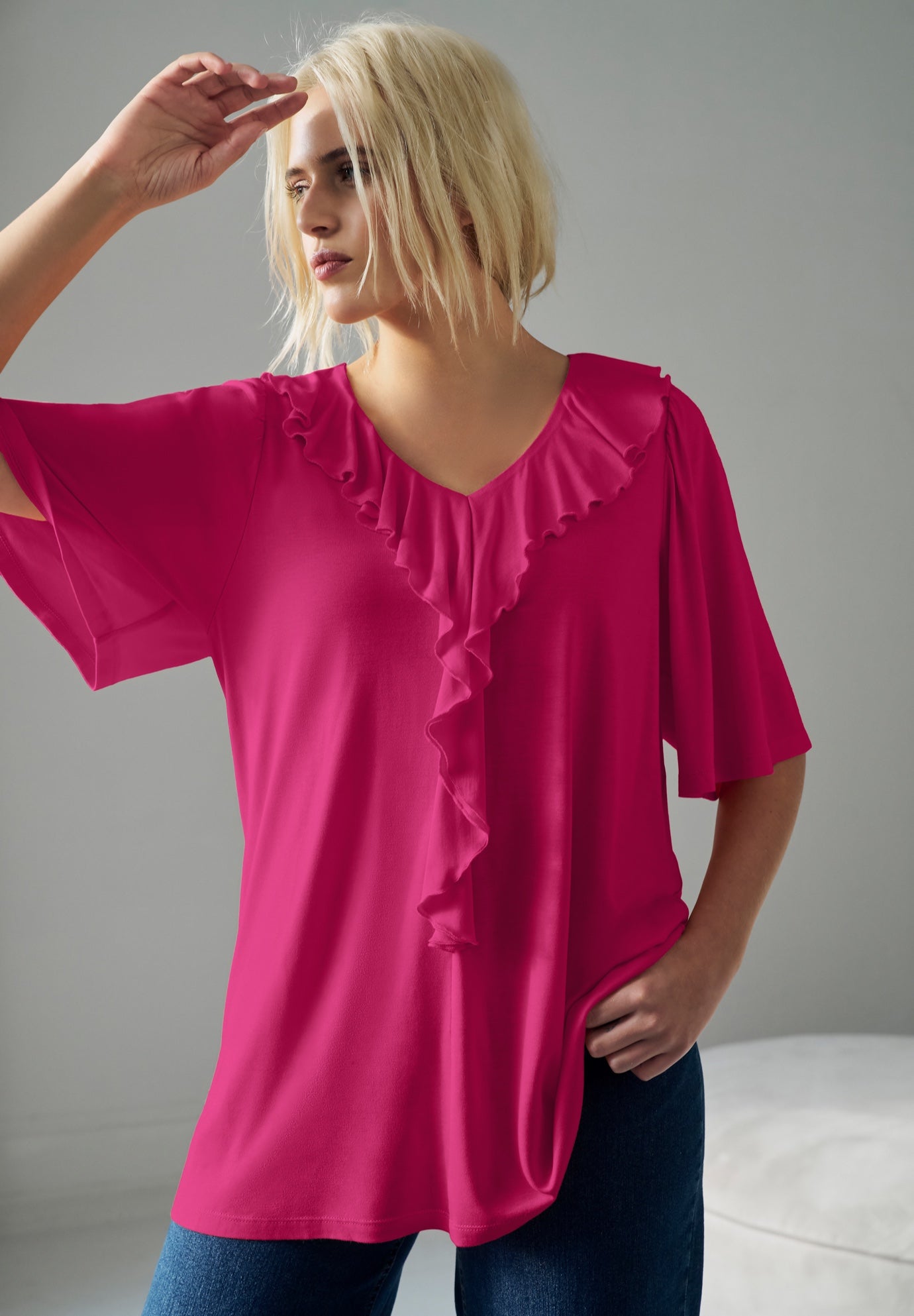 Stretch Knit V-neck Ruffle Front Tunic image number 0