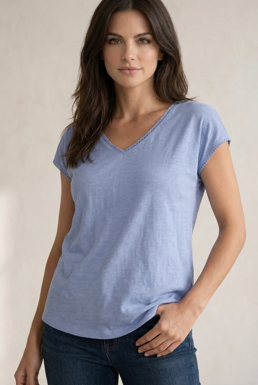 V-Neck A-Line Crochet Trim Tee image number 0