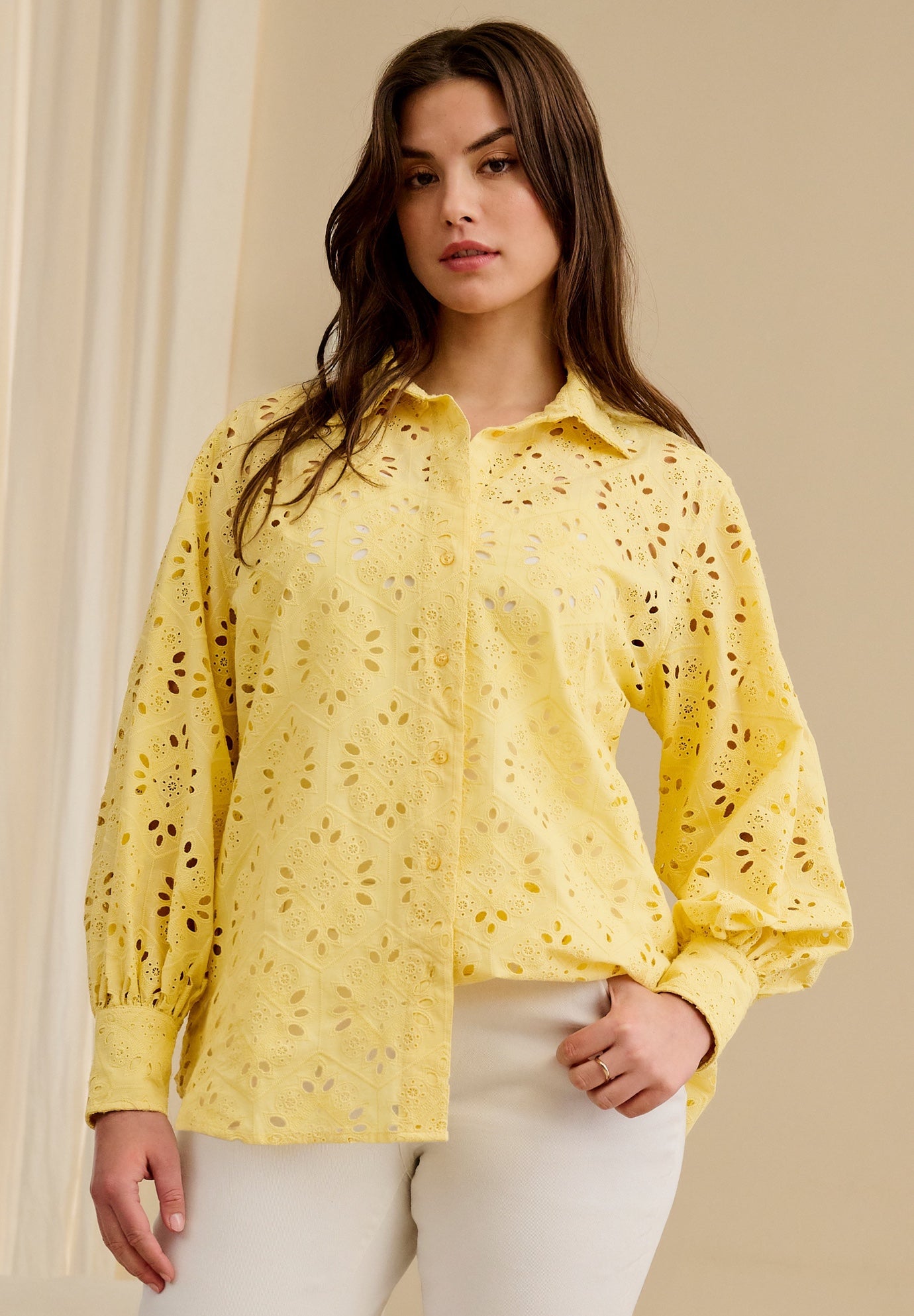 Eyelet Button Front Shirt With Blouson Sleeves image number 0
