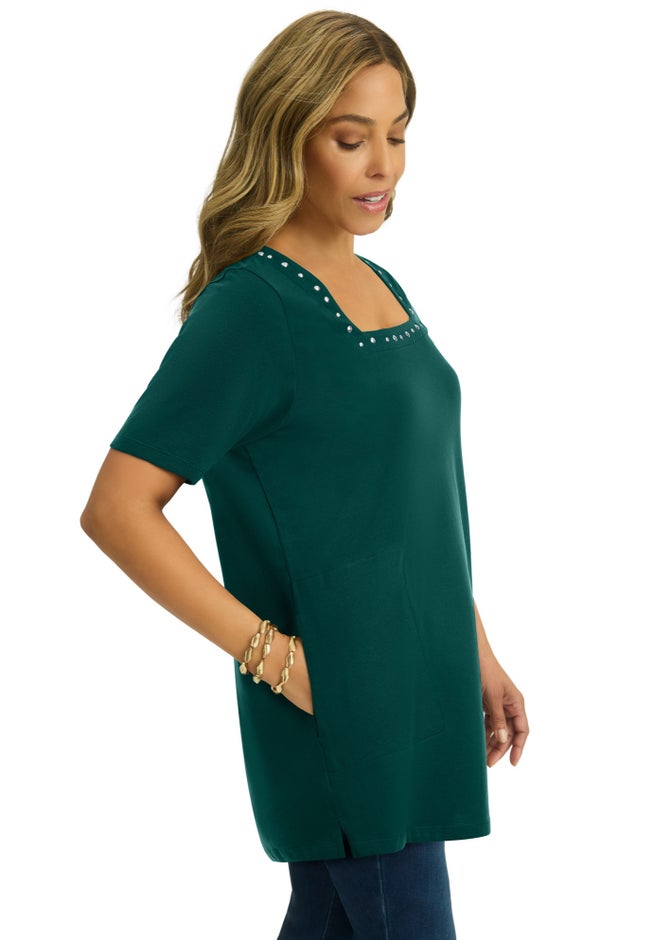 Stretch Cotton Studded Square Neck Tunic image number 2