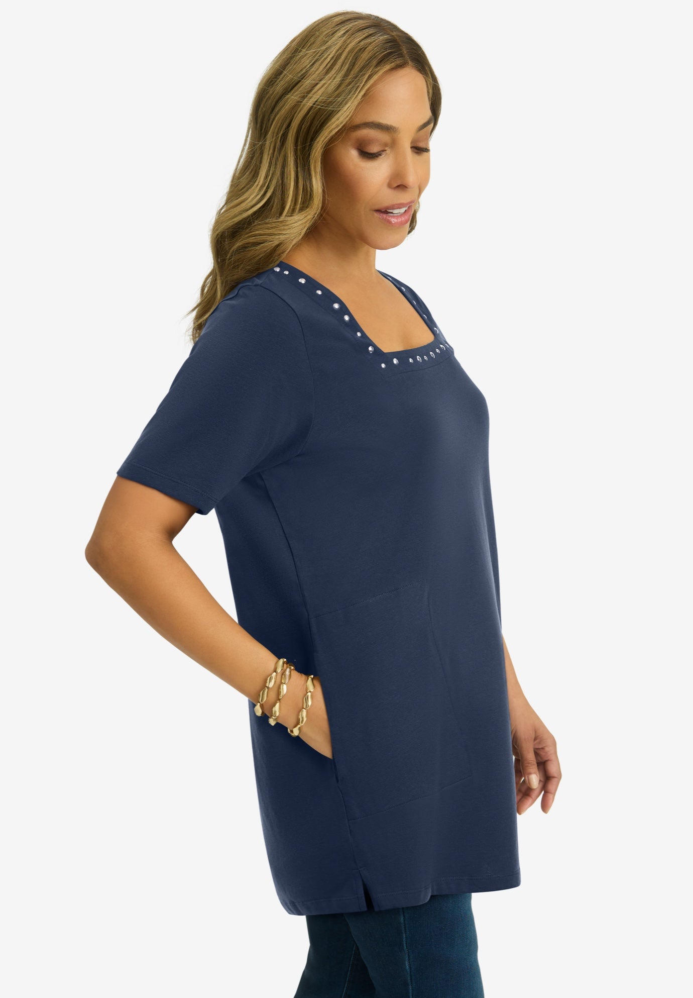 Stretch Cotton Studded Square Neck Tunic image number 1