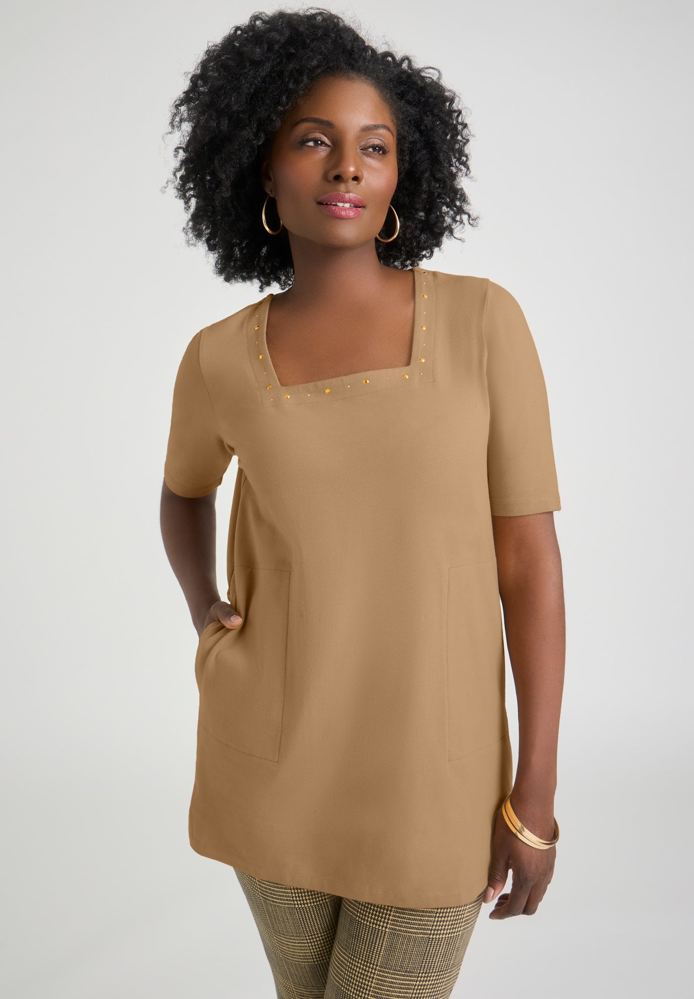 Stretch Cotton Studded Square Neck Tunic image number 0