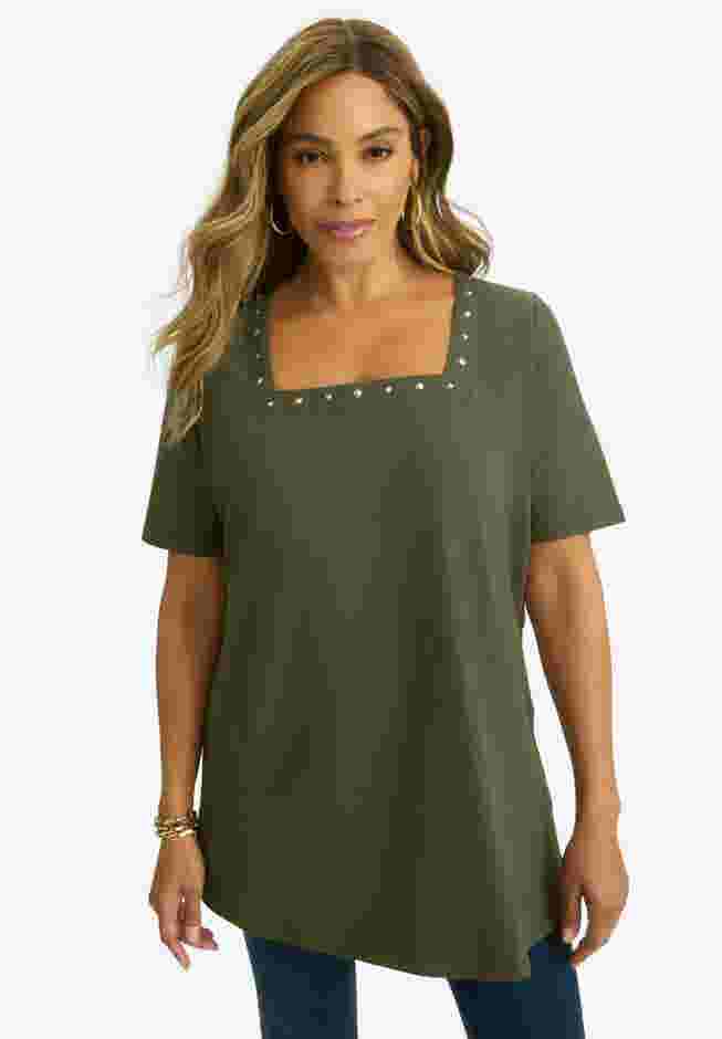 Stretch Cotton Studded Square Neck Tunic image number 0