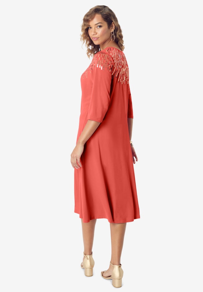 Plus Size 3/4 Sleeve Embellished Boatneck Dress image number 3