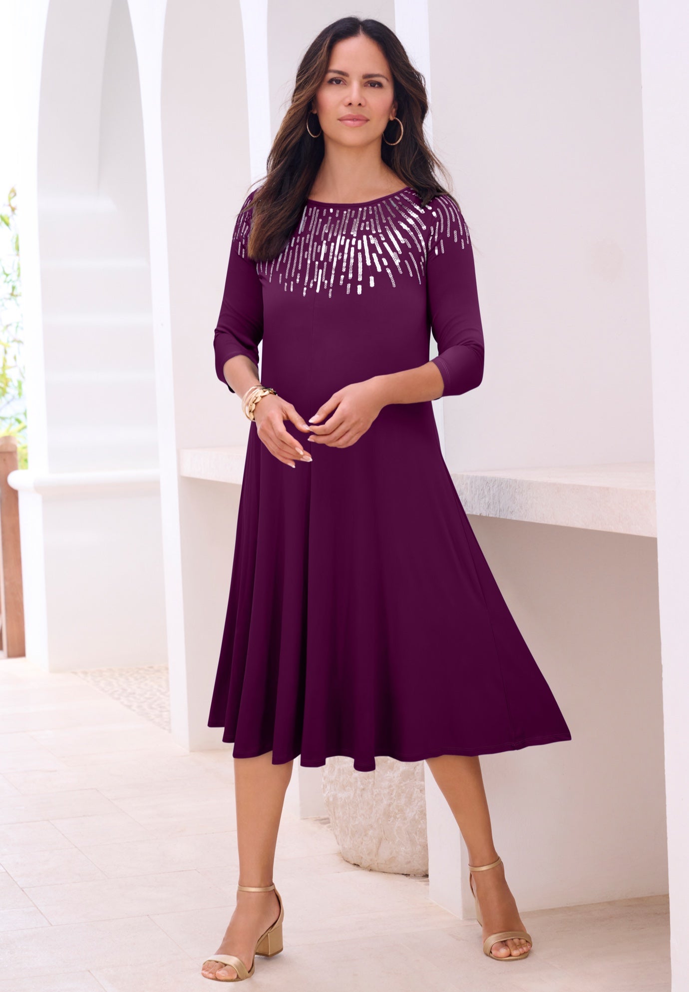 Plus Size 3/4 Sleeve Embellished Boatneck Dress image number 0