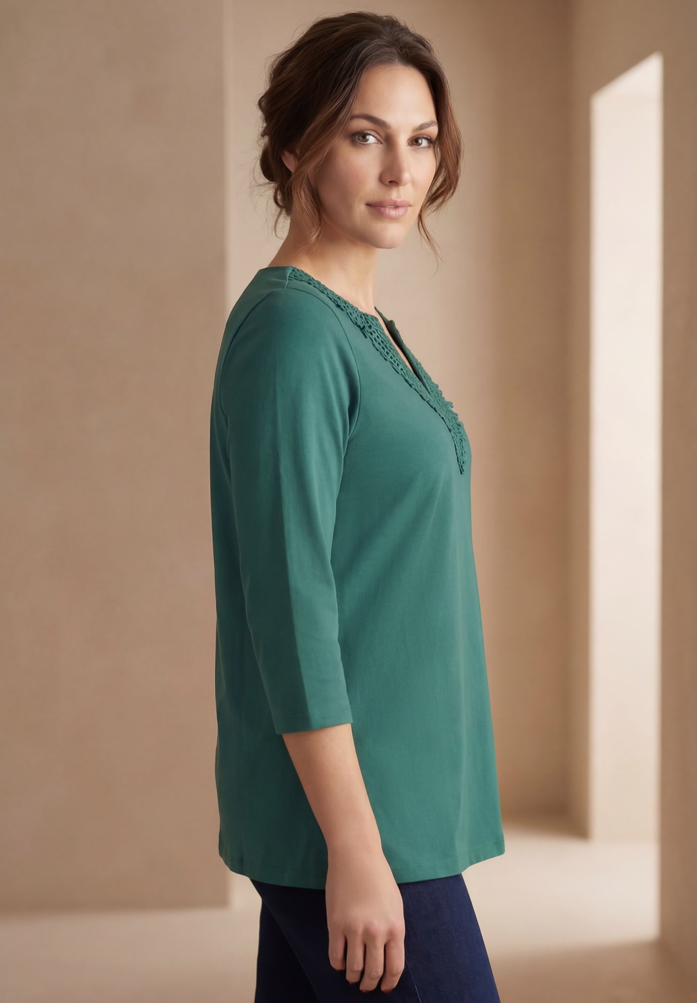 Stretch Cotton Crochet Notch Neck Tunic image number 2
