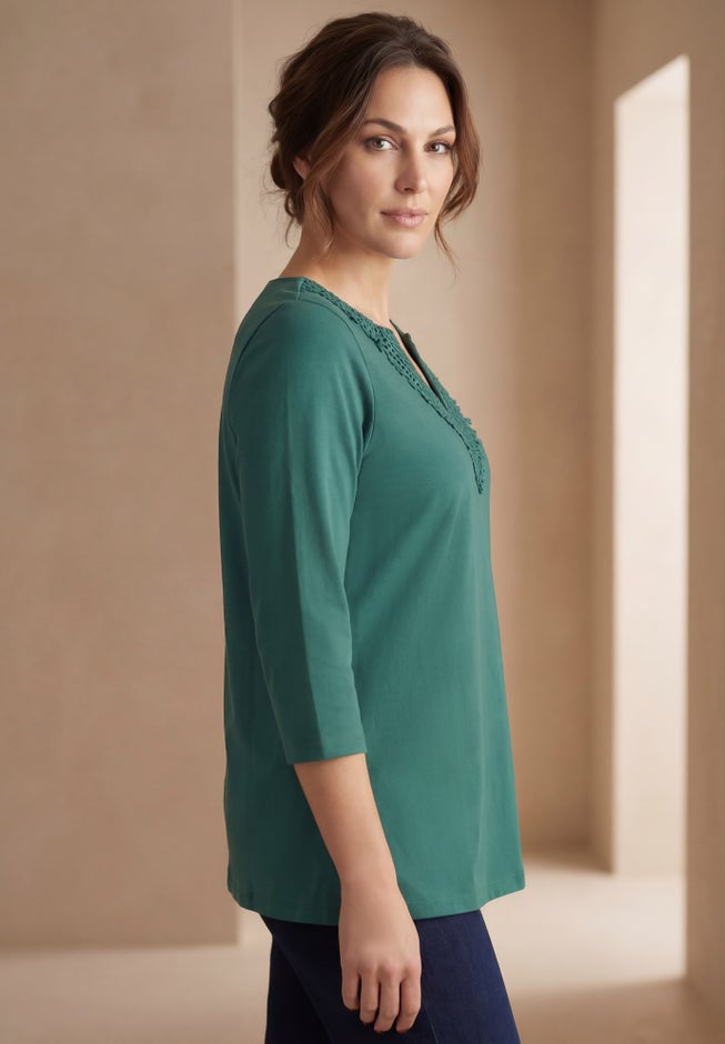 Stretch Cotton Crochet Notch Neck Tunic image number 2