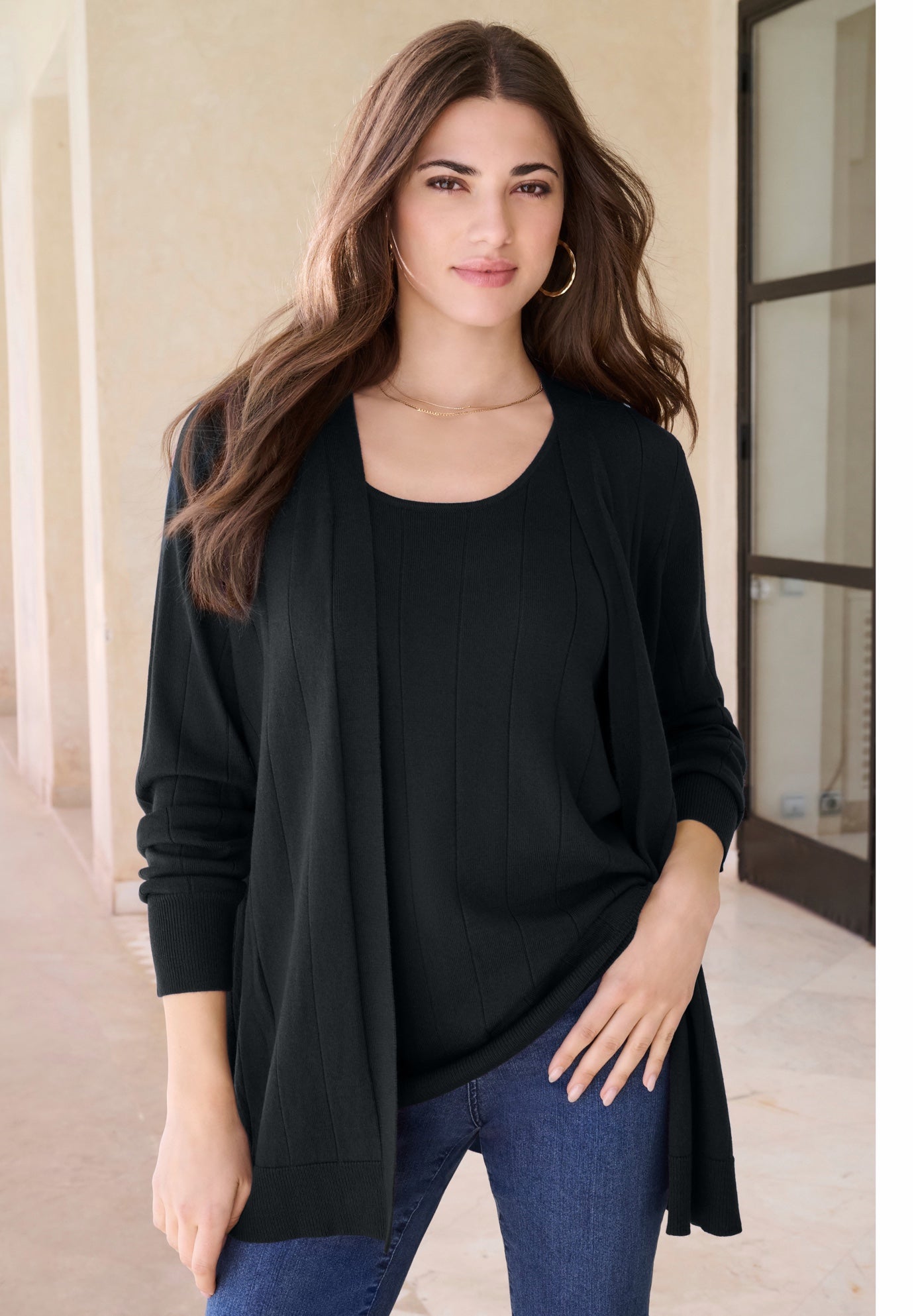 Plus Size Drop Needle Cardigan Lightweight Sweater Knit image number 0