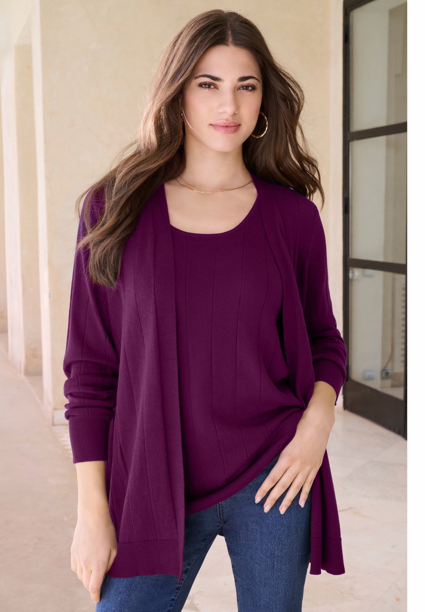 Plus Size Drop Needle Cardigan Lightweight Sweater Knit image number 0