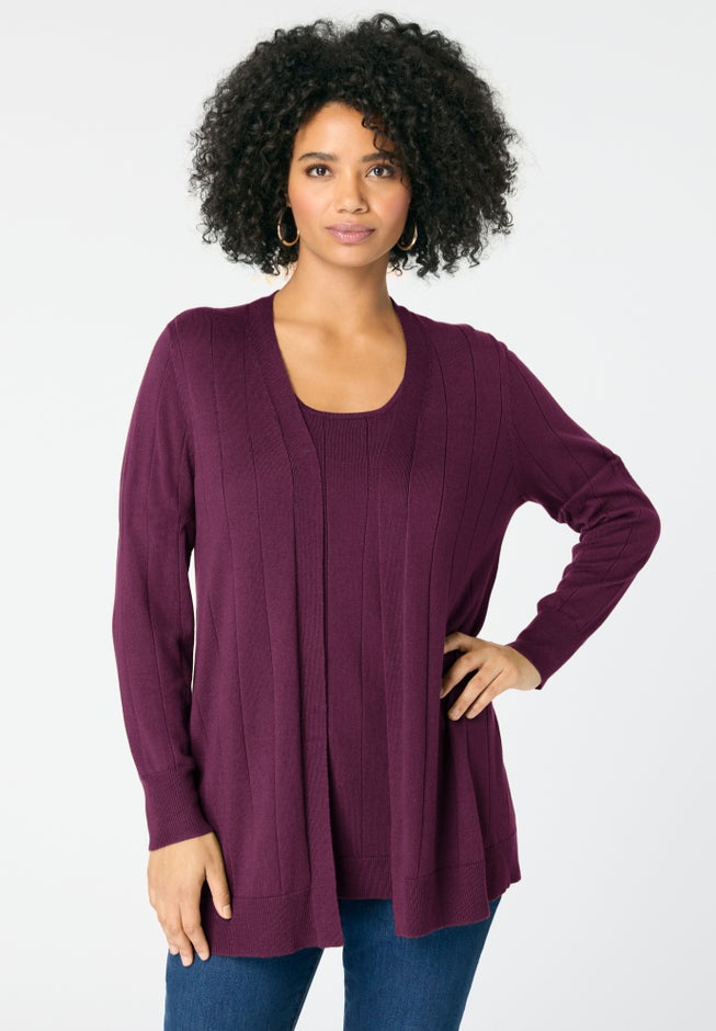 Plus Size Drop Needle Cardigan Lightweight Sweater Knit image number 3