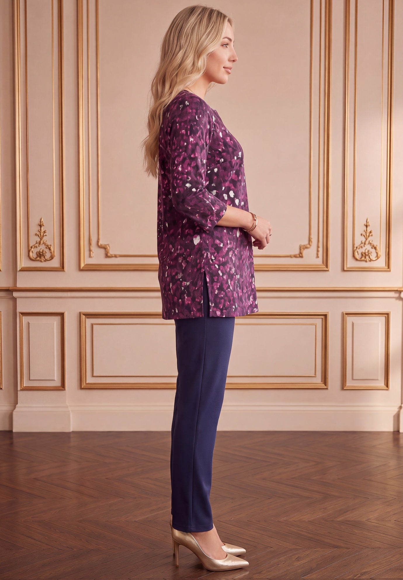 Plus Size Three-Quarter Sleeve Notch Neck Soft Knit Tunic image number 2