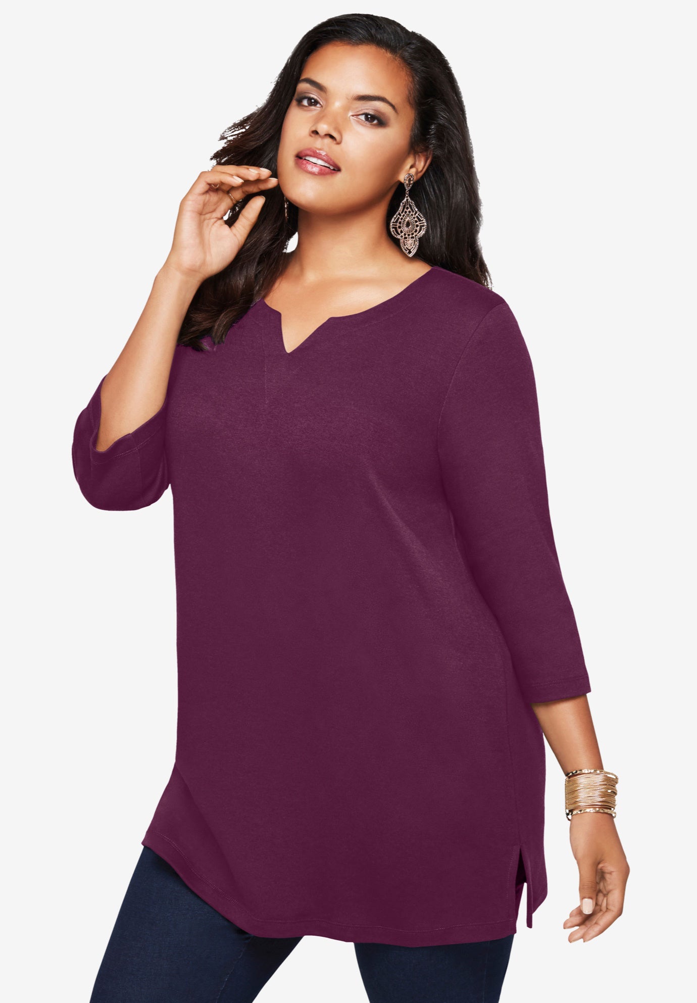 Plus Size Three-Quarter Sleeve Notch Neck Soft Knit Tunic image number 0