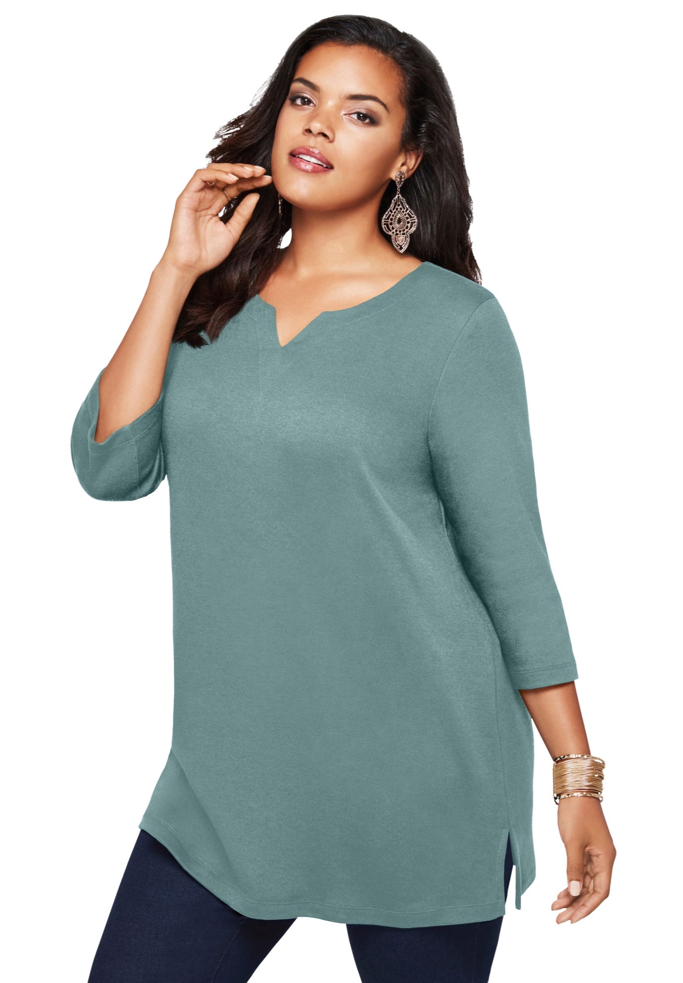 Plus Size Three-Quarter Sleeve Notch Neck Soft Knit Tunic image number 0