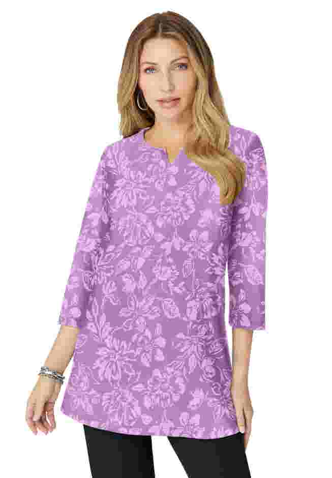 Plus Size Three-Quarter Sleeve Notch Neck Soft Knit Tunic image number 0