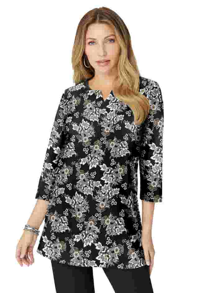 Plus Size Three-Quarter Sleeve Notch Neck Soft Knit Tunic image number 0