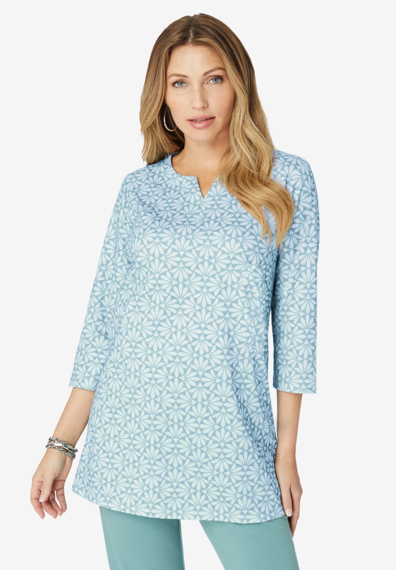 Plus Size Three-Quarter Sleeve Notch Neck Soft Knit Tunic image number 0