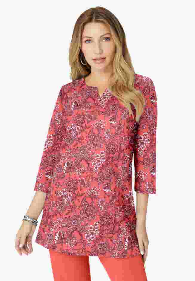 Plus Size Three-Quarter Sleeve Notch Neck Soft Knit Tunic image number 0