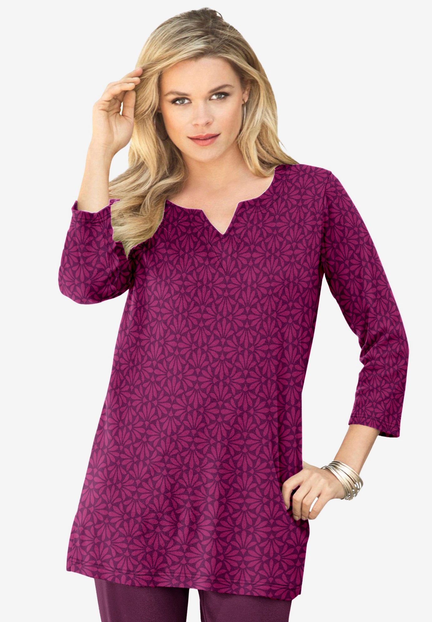 Plus Size Three-Quarter Sleeve Notch Neck Soft Knit Tunic image number 0