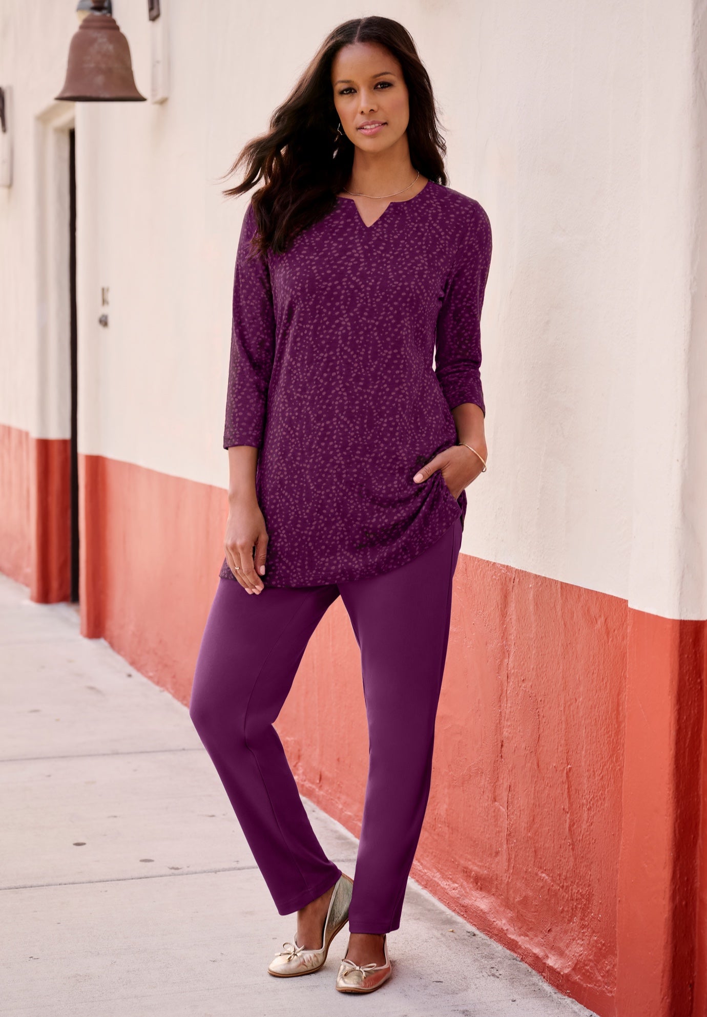 Plus Size Three-Quarter Sleeve Notch Neck Soft Knit Tunic image number 0