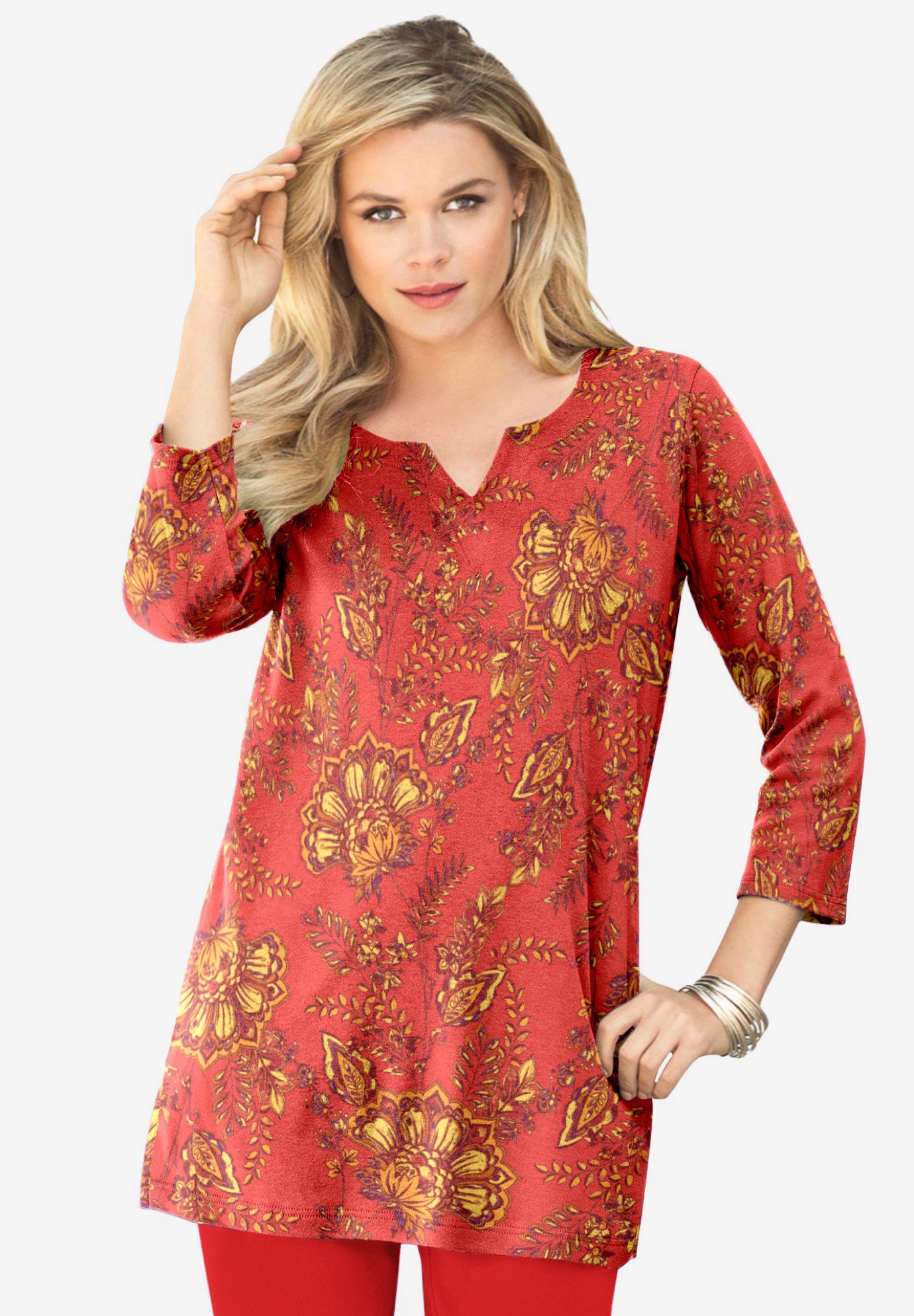 Plus Size Three-Quarter Sleeve Notch Neck Soft Knit Tunic image number 0
