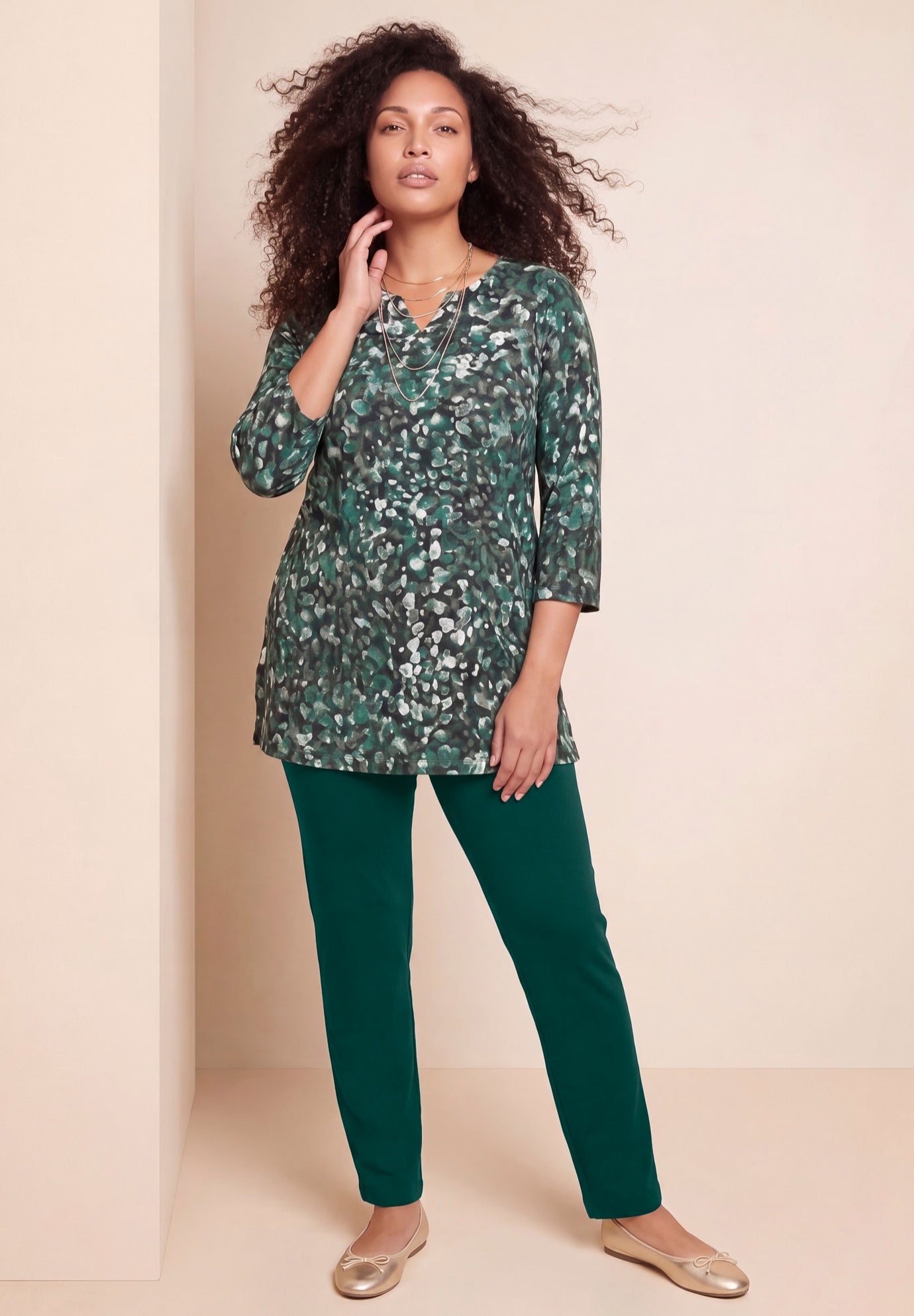 Plus Size Three-Quarter Sleeve Notch Neck Soft Knit Tunic image number 0