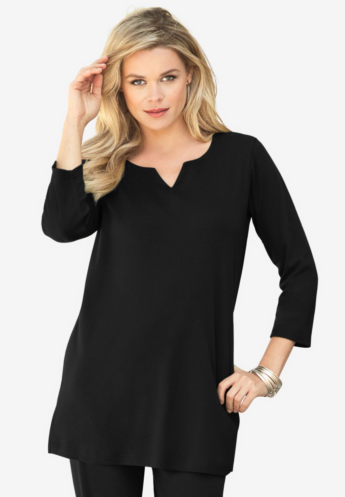 Plus Size Three-Quarter Sleeve Notch Neck Soft Knit Tunic image number 0