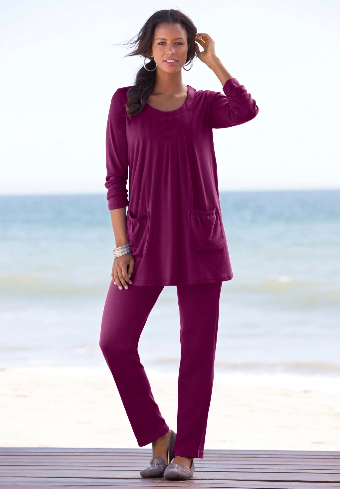 Plus Size Two Pocket Long Sleeve Soft Knit Swing Tunic image number 0