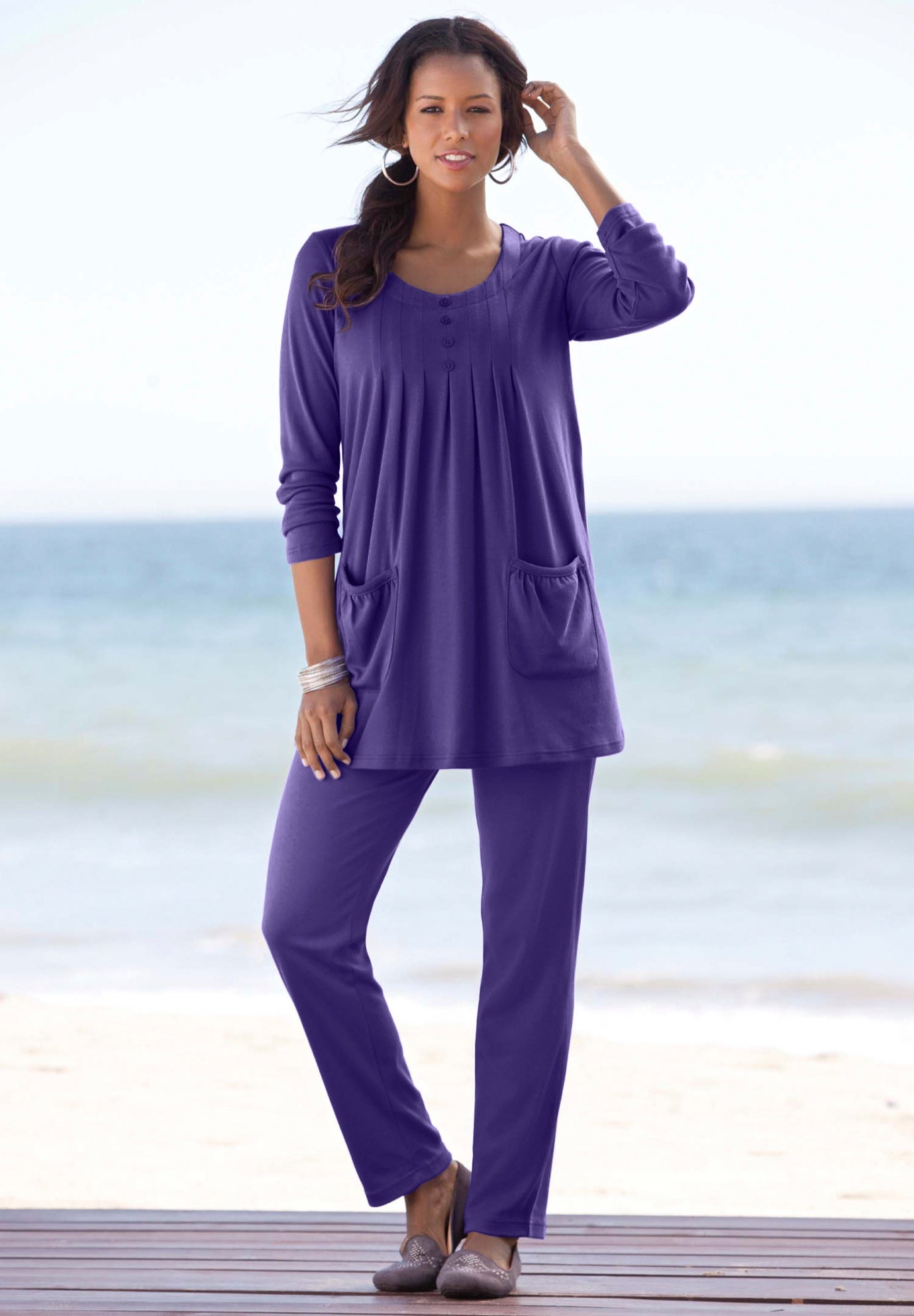 Plus Size Two Pocket Long Sleeve Soft Knit Swing Tunic image number 0